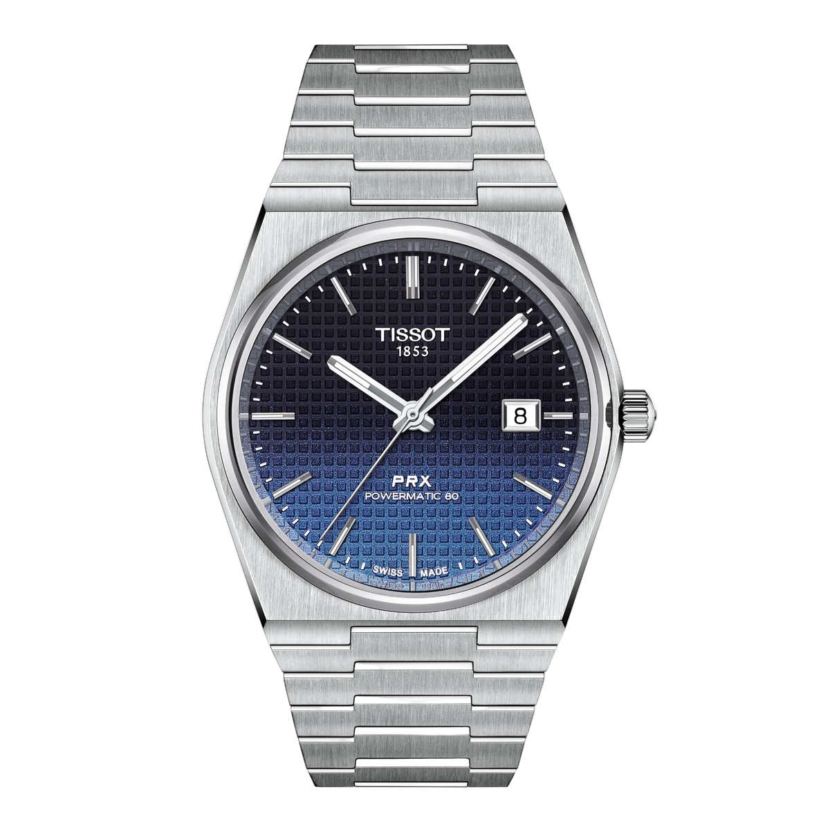 Tissot PRX Blue Gradient Dial Watch featuring a deep blue sunray-effect dial, integrated stainless steel bracelet, and clean retro-inspired styling with a sleek modern finish