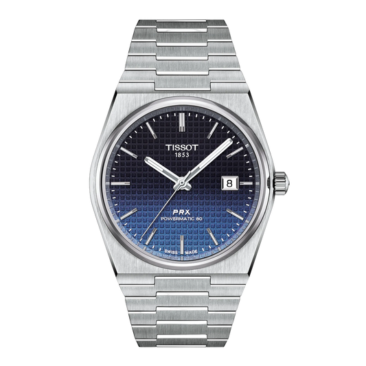 Tissot PRX Blue Gradient Dial Watch featuring a deep blue sunray-effect dial, integrated stainless steel bracelet, and clean retro-inspired styling with a sleek modern finish