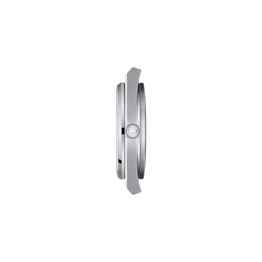 side profile image highlighting the slim stainless steel case, integrated bracelet construction, brushed finishing, and refined low-profile silhouette of the watch