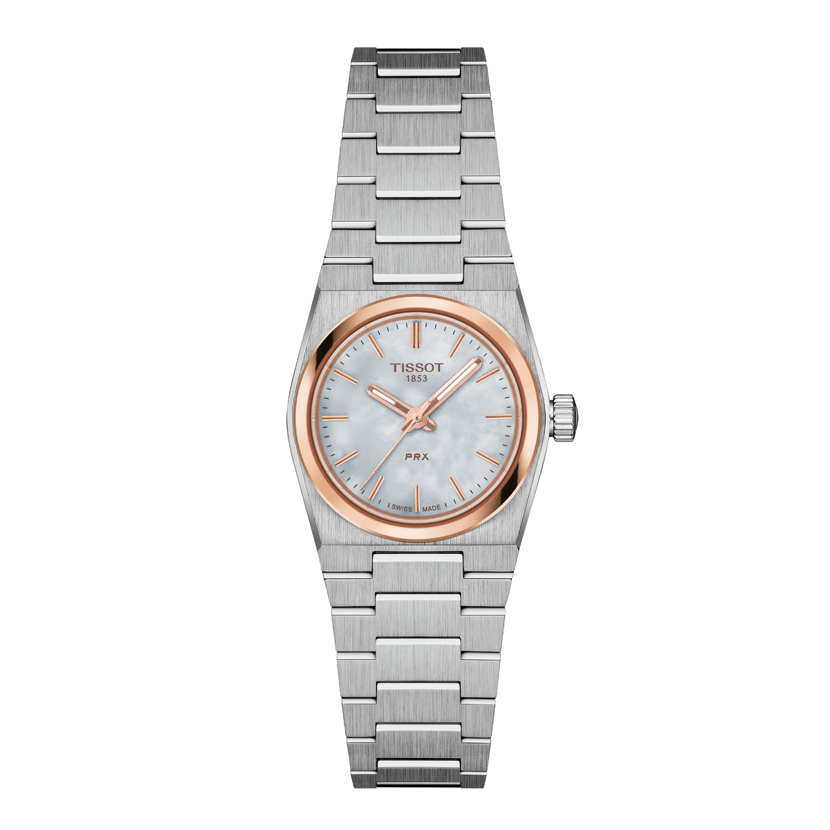 Tissot PRX two-tone stainless steel watch featuring a soft mother-of-pearl dial, slim rose gold-tone baton hour markers, and a polished rose gold bezel, finished with a sleek integrated steel bracelet