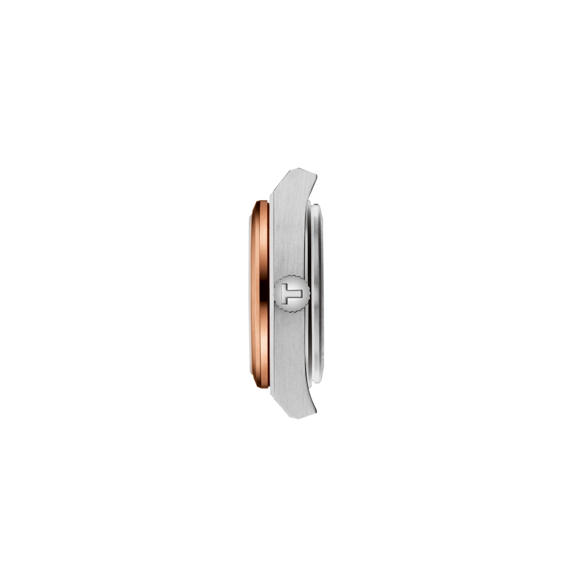 side profile of the case showcasing the ultra-slim construction, brushed steel finish, and contrasting polished rose gold bezel for a refined edge