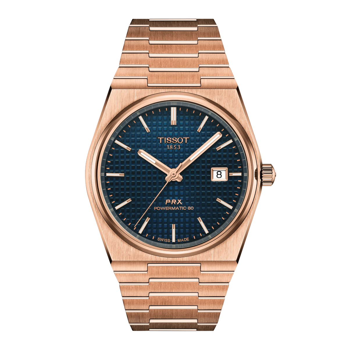 Tissot PRX Powermatic 80 Blue Dial Watch featuring a textured blue waffle-pattern dial, full rose gold-tone integrated bracelet, and sleek retro-inspired sports-luxury styling