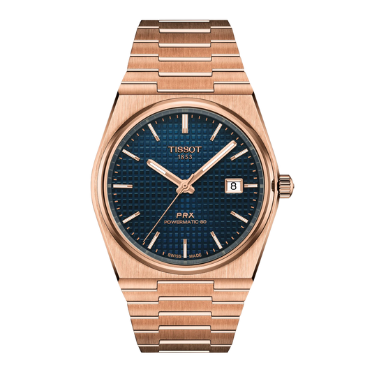 Tissot PRX Powermatic 80 Blue Dial Watch featuring a textured blue waffle-pattern dial, full rose gold-tone integrated bracelet, and sleek retro-inspired sports-luxury styling
