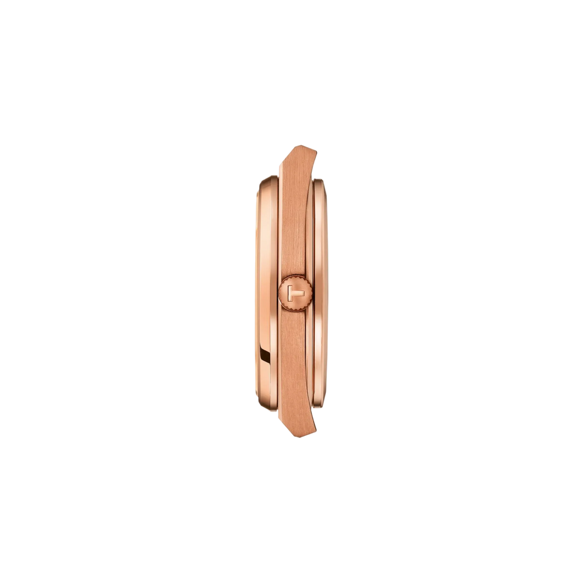 side profile image highlighting the slim rose gold-tone stainless steel case, integrated bracelet construction, polished crown, and brushed finishing that define the watch’s streamlined profile