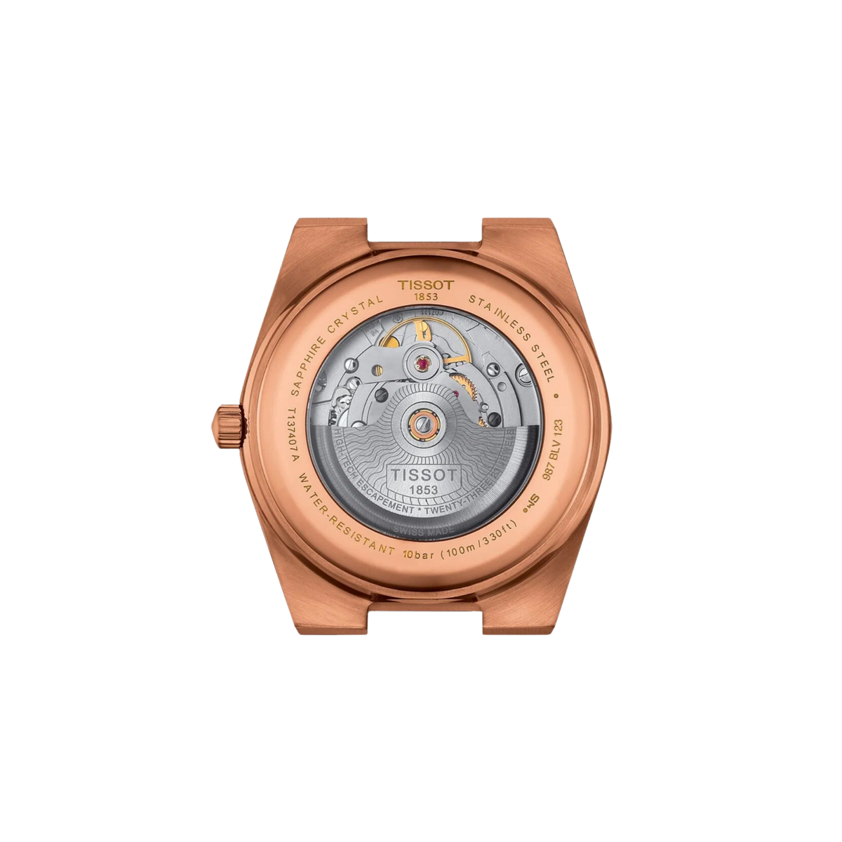 caseback image displaying the rose gold-tone stainless steel construction and detailed finishing, designed for reliable automatic performance and long-lasting comfort