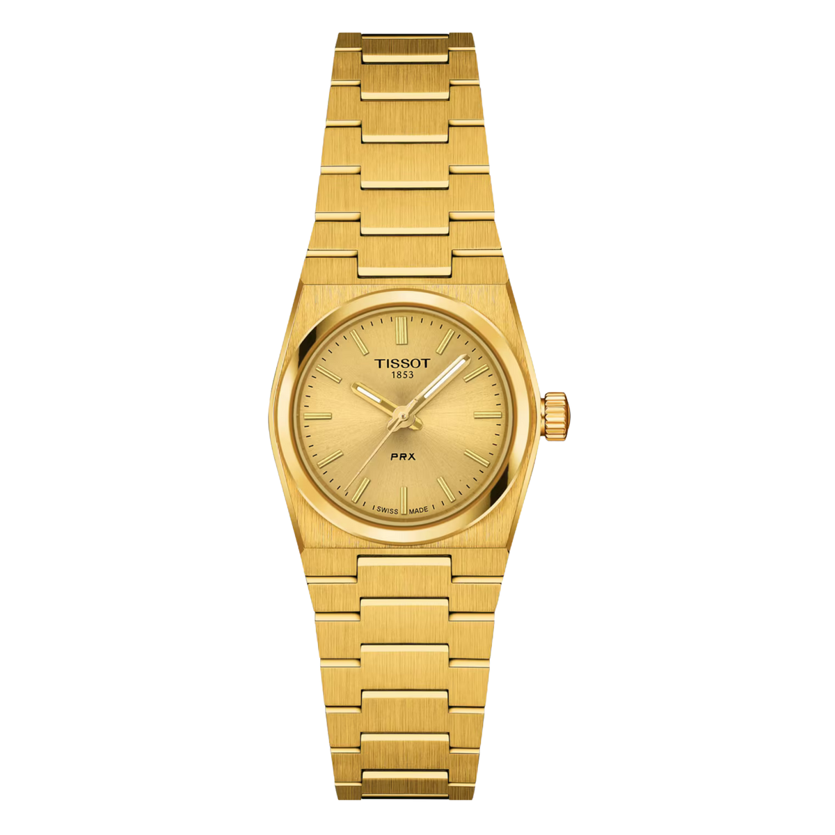 Tissot PRX 25mm, featuring a gold PVD-coated stainless steel case, champagne dial, sapphire crystal and precise Swiss quartz movement