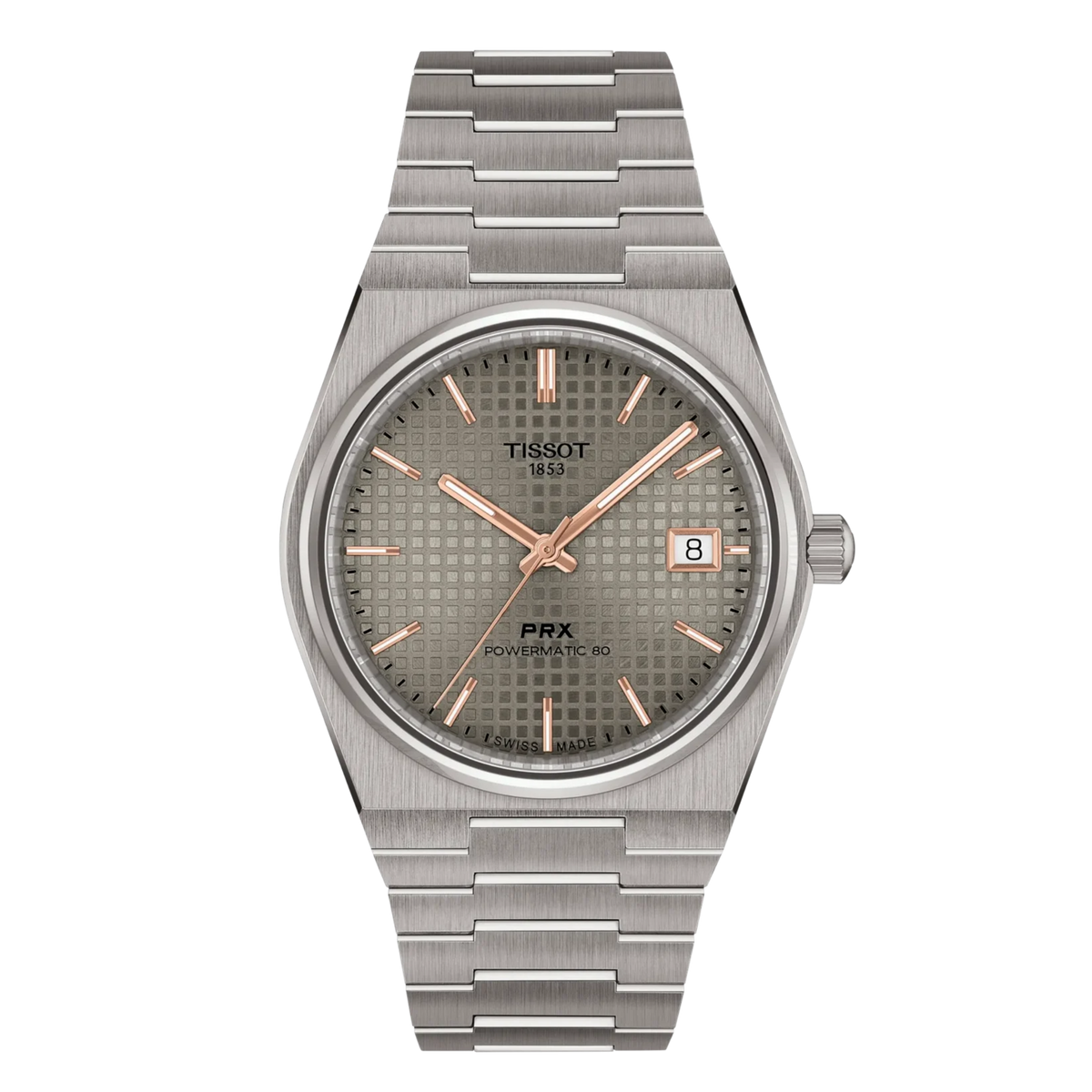Tissot PRX Powermatic 80 titanium watch with a grey waffle dial, rose gold-tone markers, and integrated bracelet.