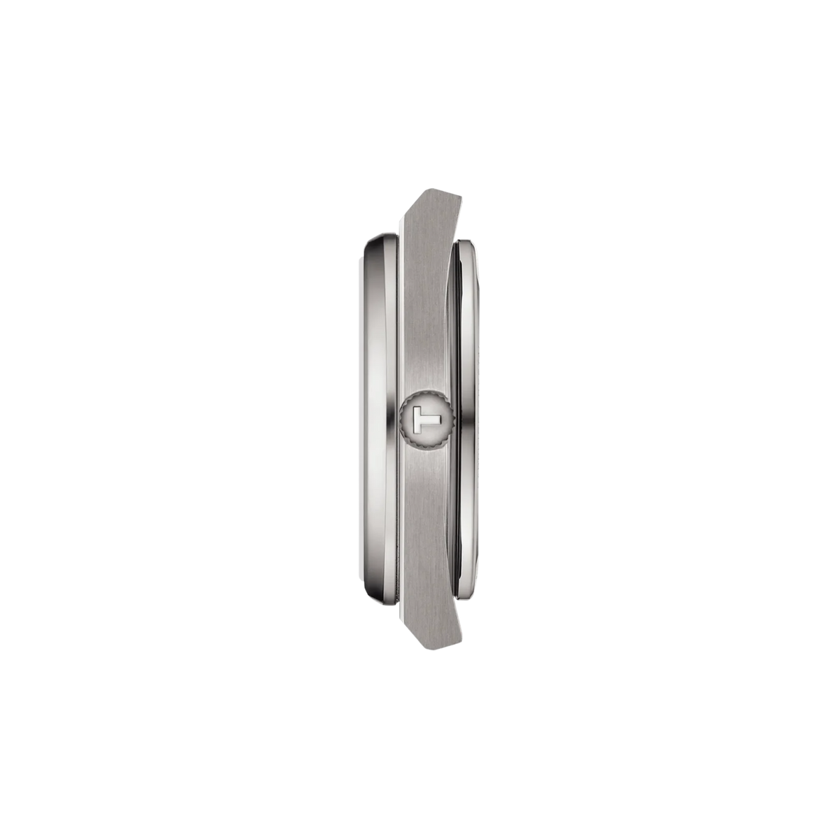 Side profile of the Tissot PRX Powermatic 80 titanium watch highlighting its slim brushed case and signed crown.