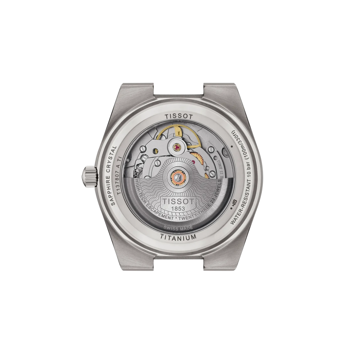 Exhibition caseback of the Tissot PRX Powermatic 80 titanium watch revealing the automatic movemen