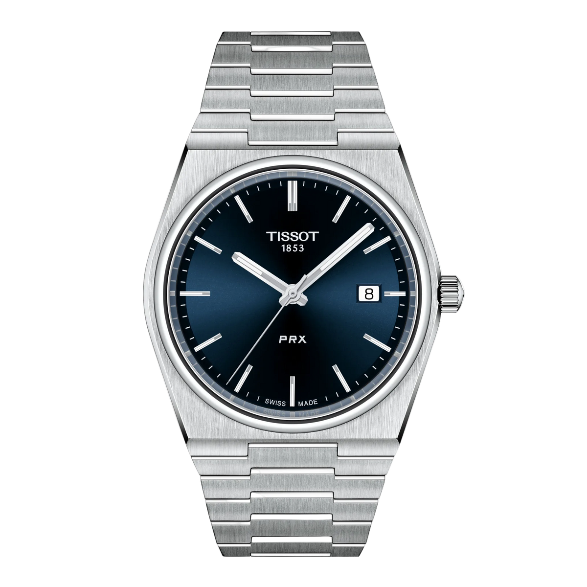 Tissot PRX Blue Gradient Dial Watch featuring a deep blue sunray-effect dial, integrated stainless steel bracelet, and clean retro-inspired styling with a sleek modern finish