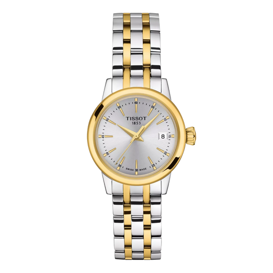 Tissot Classic Dream Lady two-tone stainless steel watch with silver dial.
