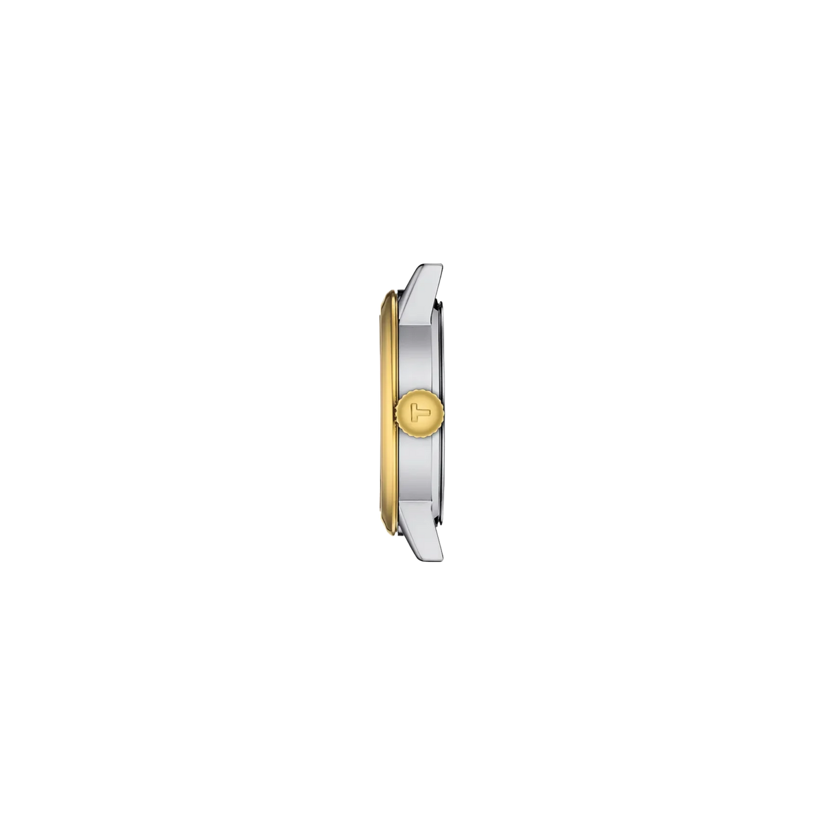 Close-up of the Tissot Classic Dream Lady silver dial and two-tone bracelet.