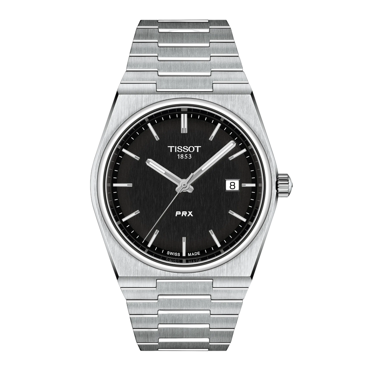 Tissot PRX Black Dial Watch featuring a sleek black brushed dial, integrated stainless steel bracelet, and minimalist retro-inspired styling with clean modern finishing