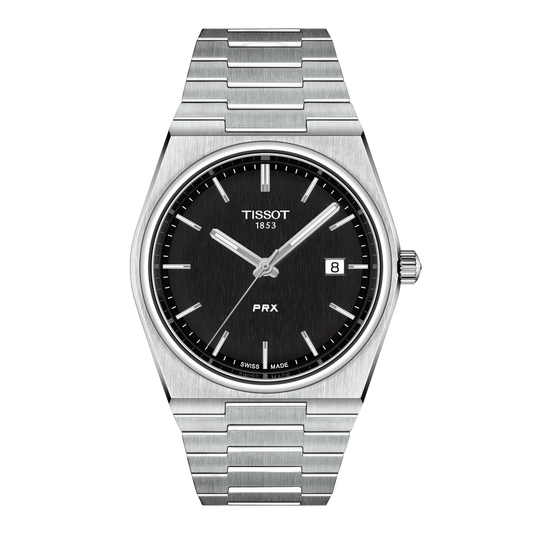 Tissot PRX Black Dial Watch featuring a sleek black brushed dial, integrated stainless steel bracelet, and minimalist retro-inspired styling with clean modern finishing