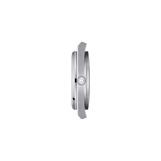 side profile image highlighting the slim stainless steel case, integrated bracelet connection, brushed finishing, and refined profile that gives the watch its signature streamlined look