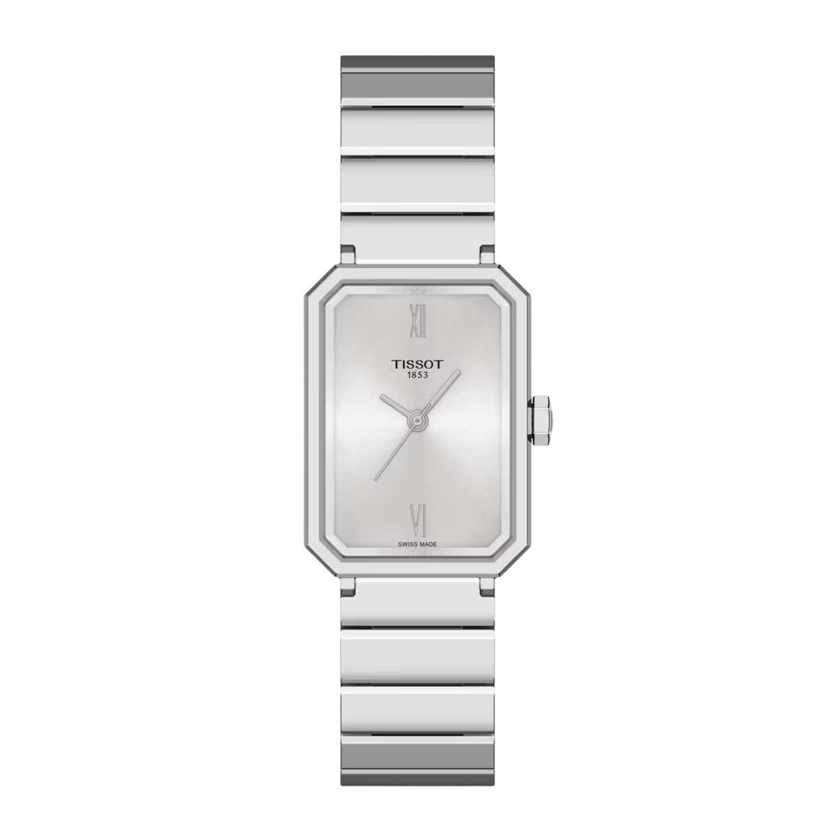 Tissot SRV Quartz 21.8mm, featuring a rectangular stainless steel case, silver Roman numeral dial, sapphire crystal and Swiss quartz movement.