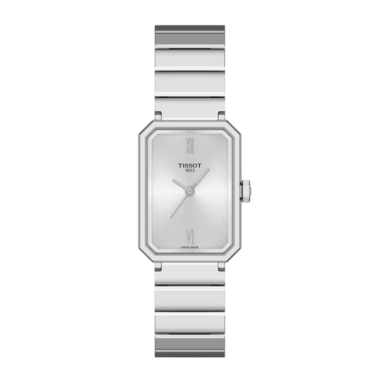 Tissot SRV Quartz 21.8mm, featuring a rectangular stainless steel case, silver Roman numeral dial, sapphire crystal and Swiss quartz movement.