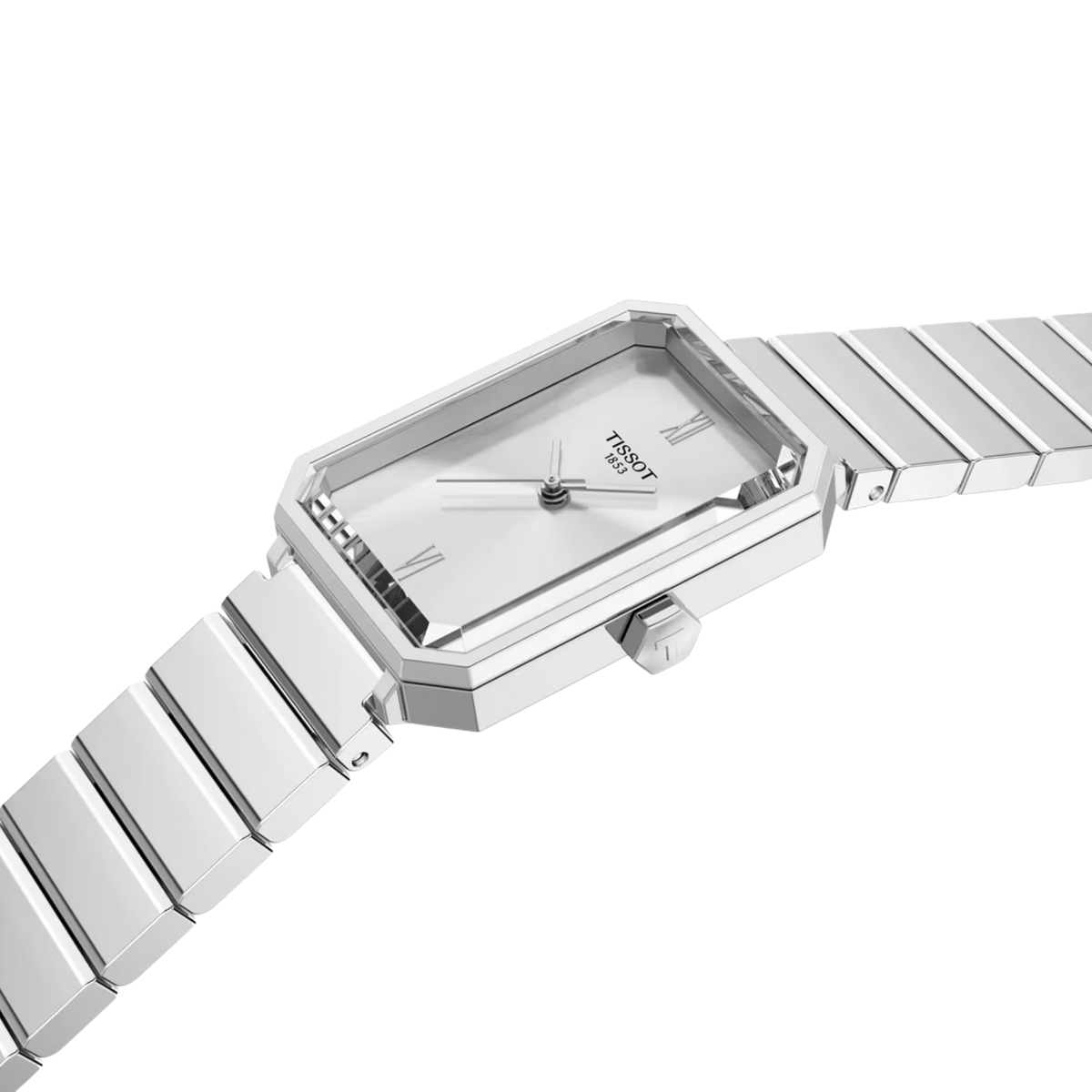 The silver dial features classic Roman numeral hour markers, creating a clean and balanced display.