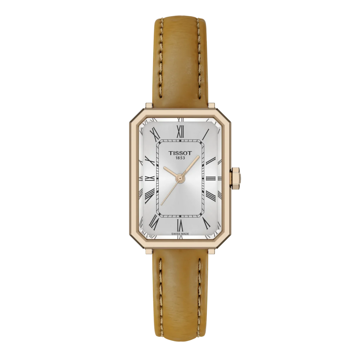 Tissot Lovely Square women's watch with a rose gold-tone rectangular case, silver dial with Roman numerals, and tan leather strap.