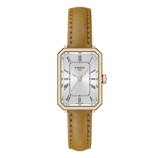 Tissot Lovely Square women's watch with a rose gold-tone rectangular case, silver dial with Roman numerals, and tan leather strap.