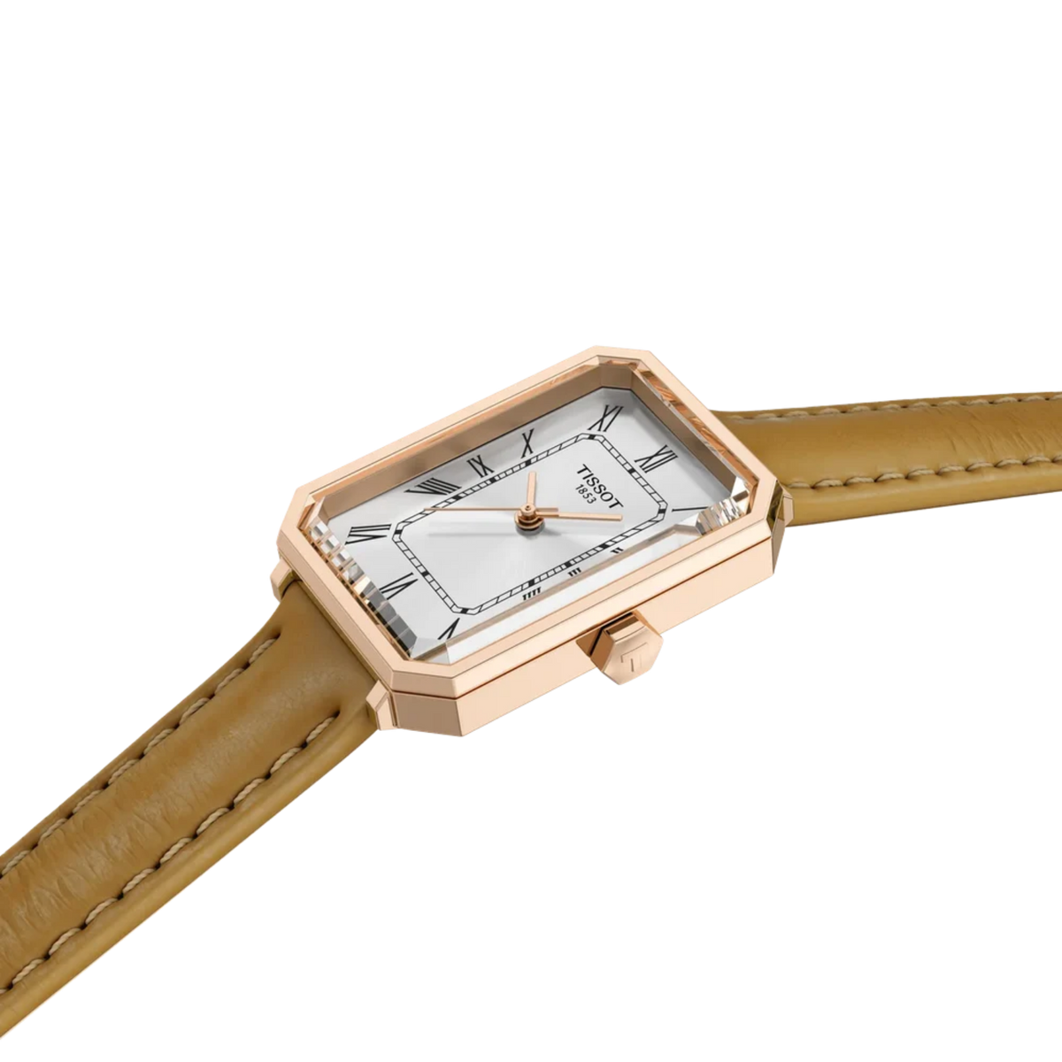 Angled view of the Tissot Lovely Square watch showcasing the faceted rectangular case, silver Roman numeral dial, and tan leather strap.