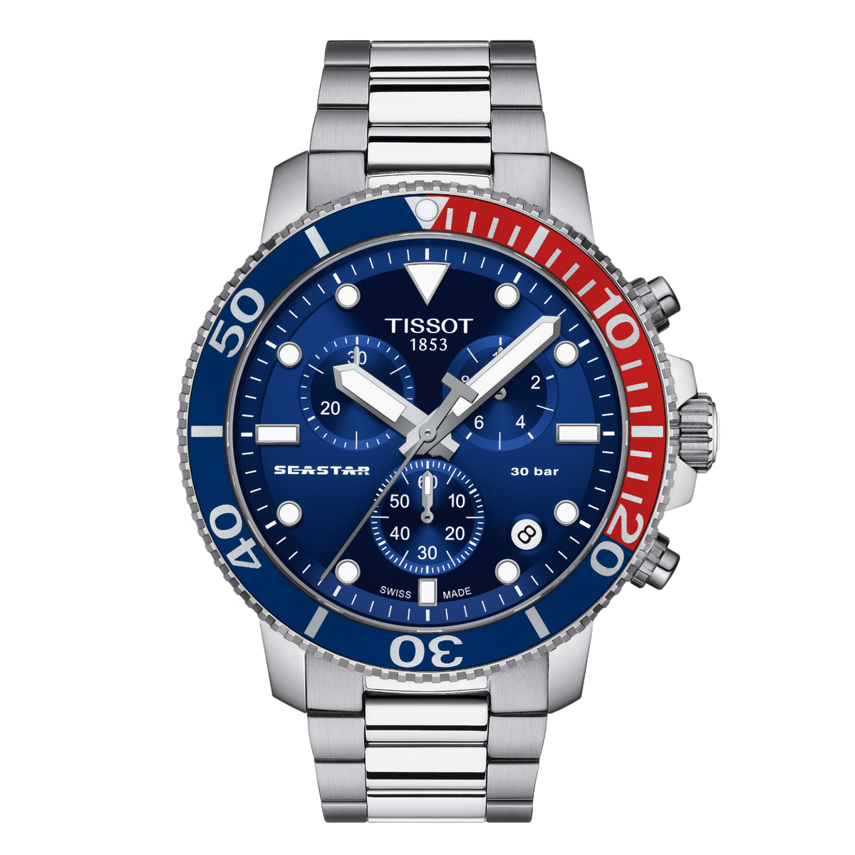 Tissot Seastar Blue Dial Chronograph Watch featuring a bold blue dial, stainless steel bracelet, and red-and-blue diving bezel for a striking sports-inspired design