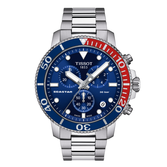 Tissot Seastar Blue Dial Chronograph Watch featuring a bold blue dial, stainless steel bracelet, and red-and-blue diving bezel for a striking sports-inspired design