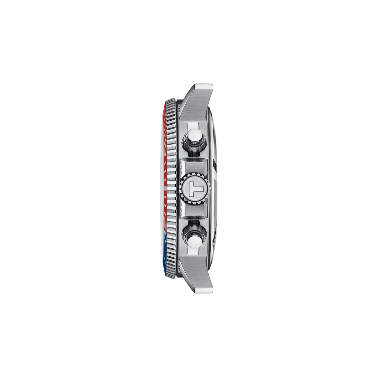 side profile image highlighting the stainless steel construction, chronograph pushers, rotating dive bezel, and screw-down crown detailing for enhanced functionality and durability