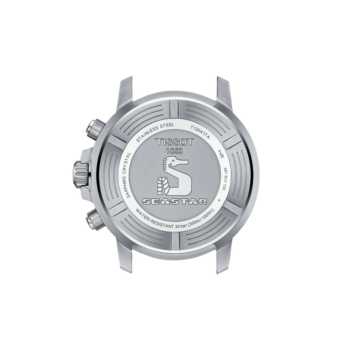 caseback image displaying the solid stainless steel build and durable water-resistant construction engineered for dependable sports-watch performance