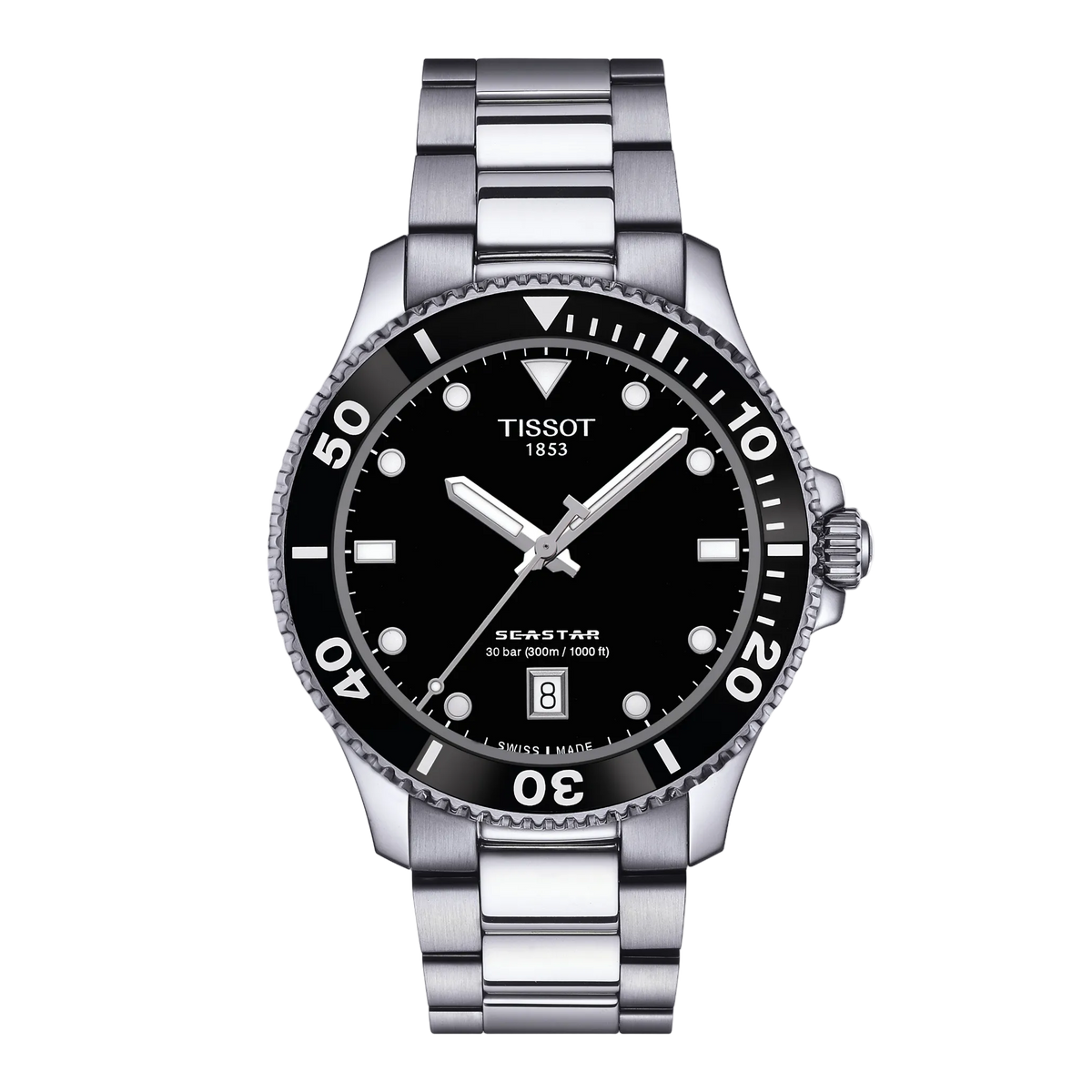 Tissot Seastar Black Dial Watch featuring a clean black dial, bold black diving bezel, and stainless steel bracelet designed for versatile sporty performance and everyday durability