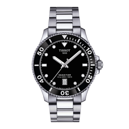 Tissot Seastar Black Dial Watch featuring a clean black dial, bold black diving bezel, and stainless steel bracelet designed for versatile sporty performance and everyday durability