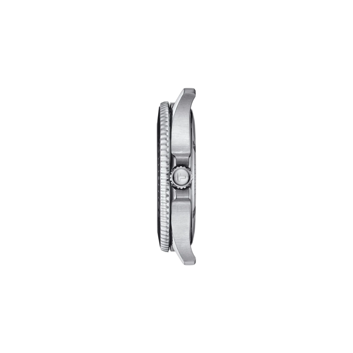 side profile image highlighting the stainless steel case thickness, rotating dive bezel, crown guards, and brushed finishing that reinforce the watch’s rugged dive-watch styling