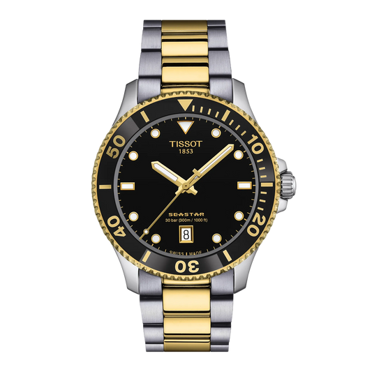 Tissot Seastar Black Dial Watch featuring a bold black dial, black diving bezel with gold-tone detailing, and a striking two-tone stainless steel bracelet for sporty everyday styling