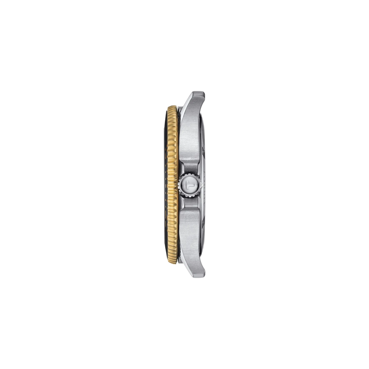 side profile image highlighting the stainless steel case thickness, gold-tone rotating bezel, crown guards, and brushed finishing that reinforce the watch’s durable dive-watch character