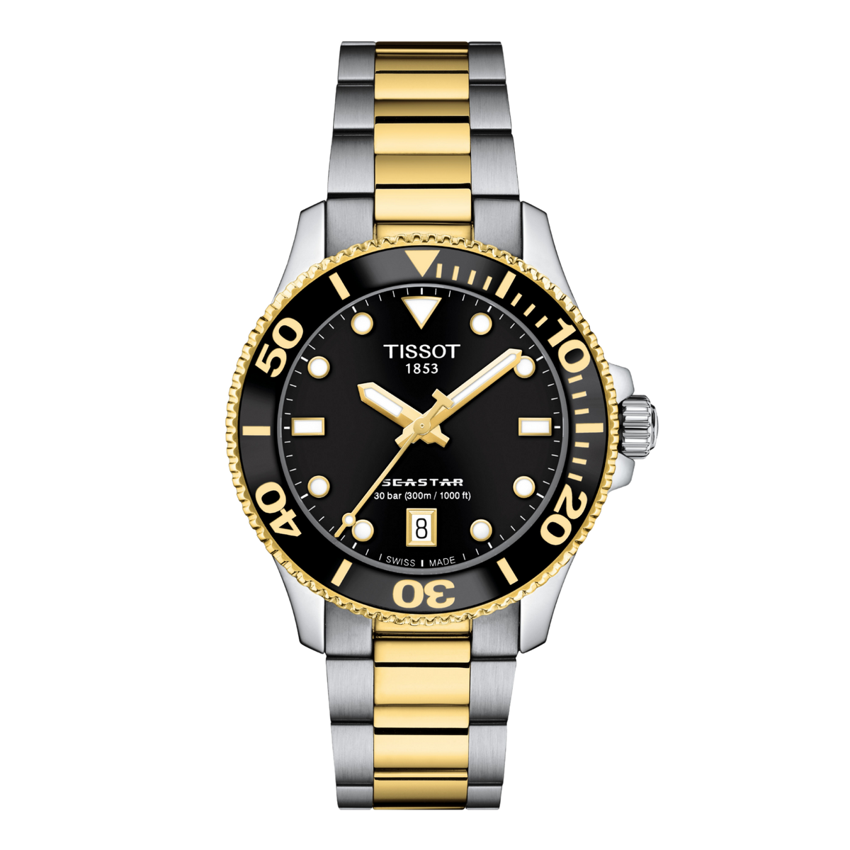 Tissot Seastar two-tone diver’s watch featuring a bold black dial with gold-tone luminous hands and hour markers, a black unidirectional bezel with gold detailing, and a two-tone stainless steel bracelet for a sporty luxury finish