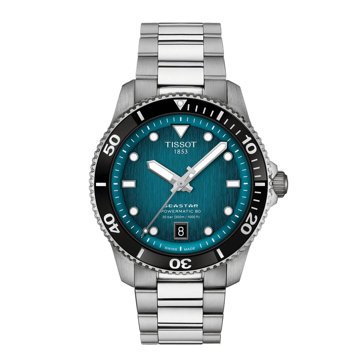 Tissot Seastar Powermatic 80 Turquoise Dial Watch featuring a vibrant turquoise textured dial, bold black diving bezel, and stainless steel bracelet designed for sporty everyday performance