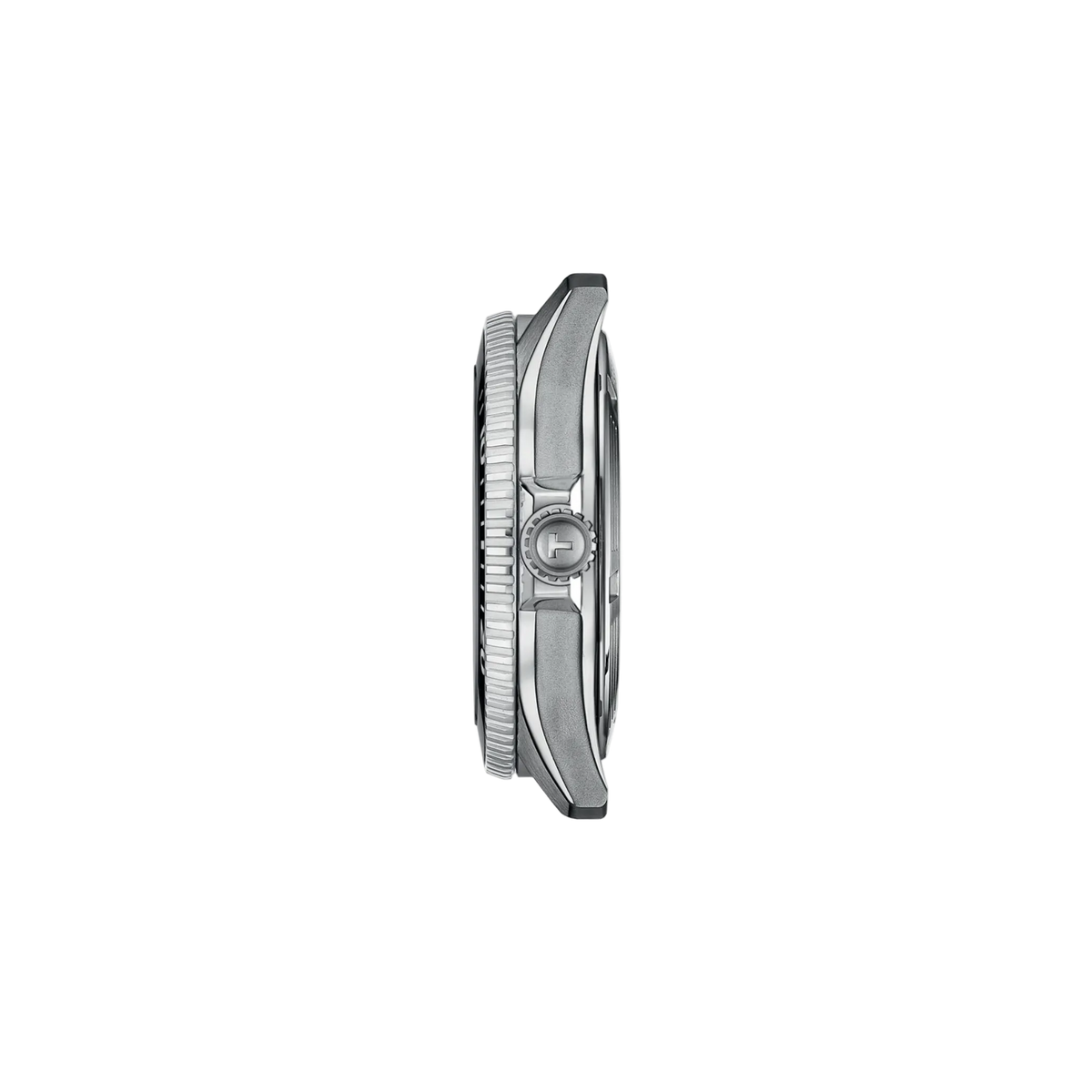 side profile image highlighting the stainless steel case thickness, rotating dive bezel, crown guards, and brushed finishing that reinforce the watch’s professional dive-watch character