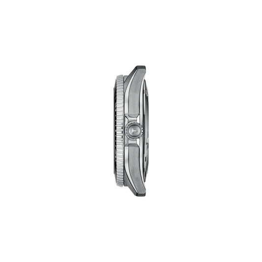 side profile image highlighting the stainless steel case thickness, rotating dive bezel, crown guards, and brushed finishing that reinforce the watch’s professional dive-watch character