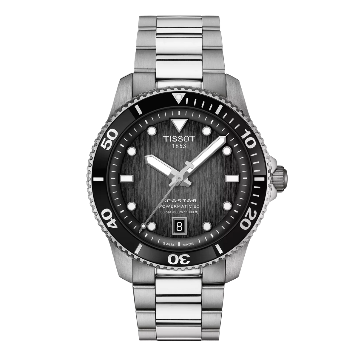 Tissot Seastar 1000 40mm with black gradient dial and stainless steel bracelet.