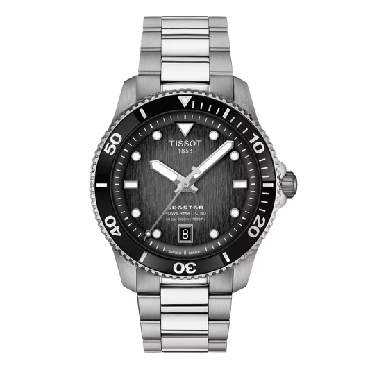 Tissot Seastar 1000 40mm with black gradient dial and stainless steel bracelet.