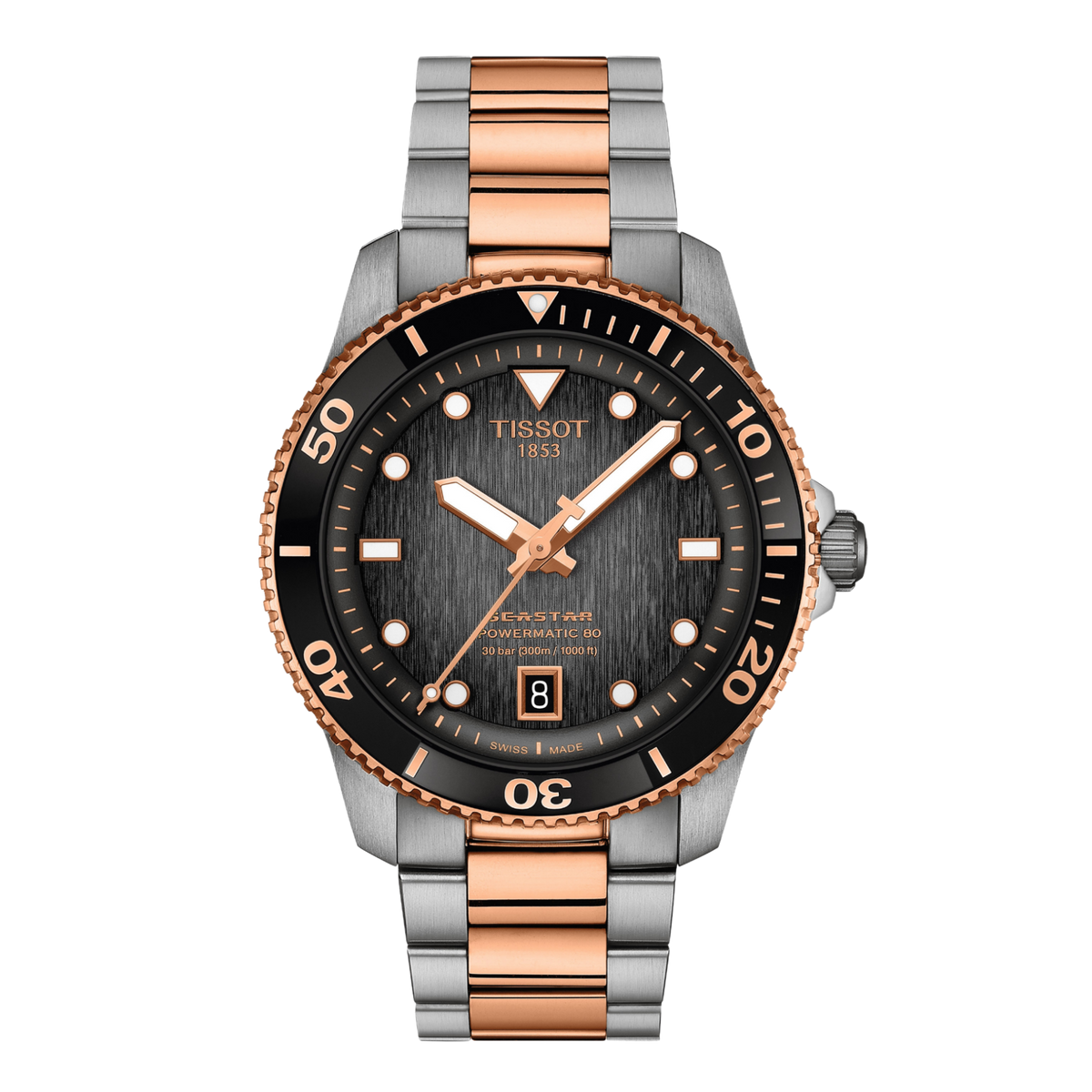 Tissot Seastar Powermatic 80 Black Dial Watch featuring a textured black dial, black diving bezel with rose gold-tone detailing, and a two-tone stainless steel bracelet for a bold sporty-luxury finish