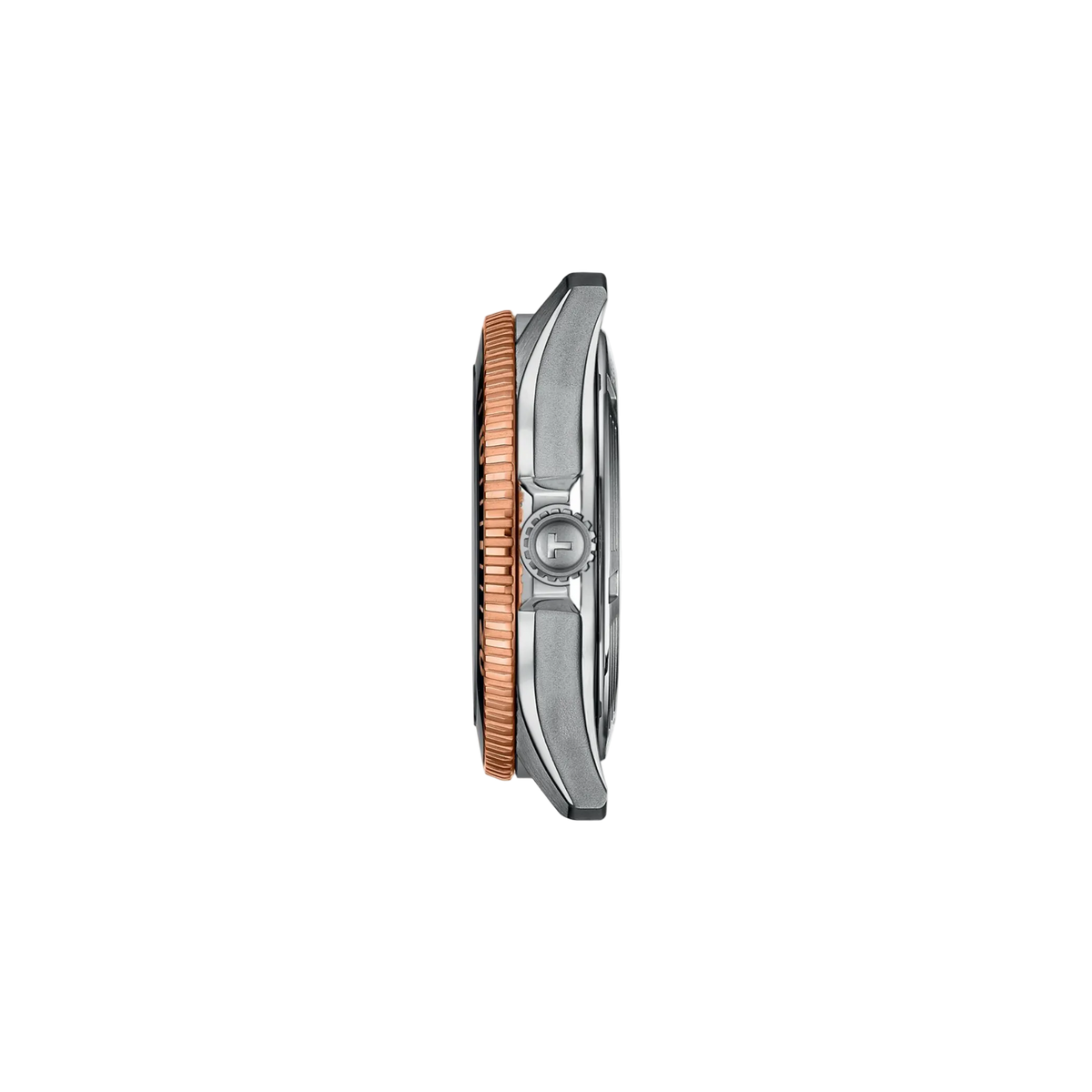 side profile image highlighting the stainless steel case thickness, rose gold-tone rotating bezel, crown guards, and brushed finishing that enhance the watch’s premium sporty styling