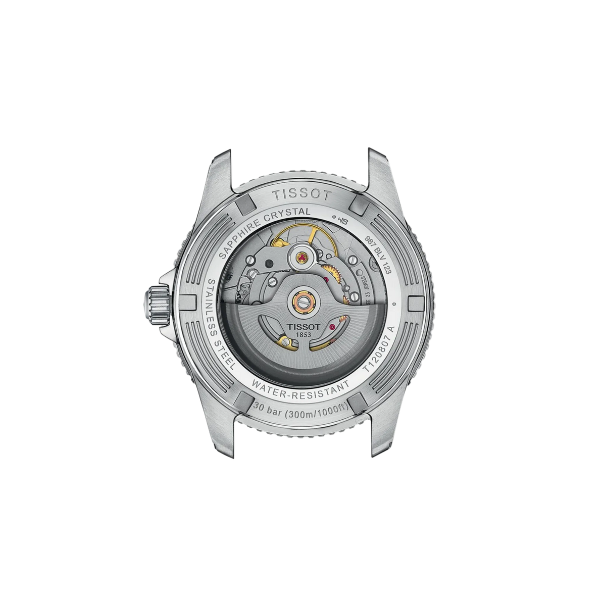 caseback image displaying the durable stainless steel construction and detailed finishing, engineered for dependable water-resistant performance and comfortable daily wear