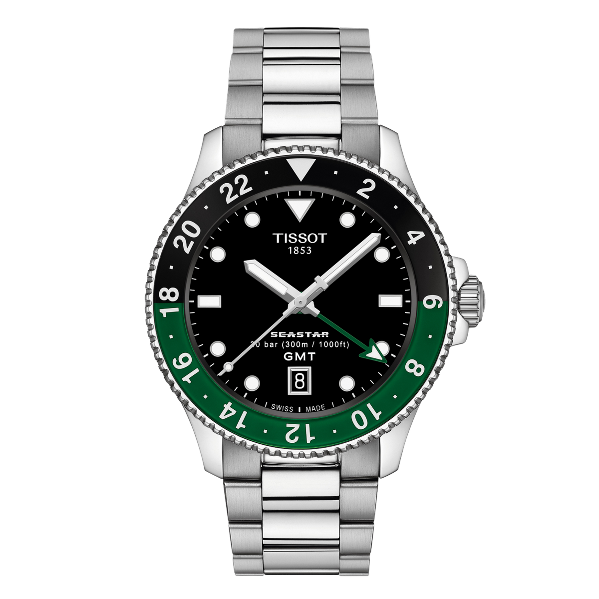Tissot Seastar GMT Black Dial Watch featuring a bold black dial, black and green GMT bezel, and stainless steel bracelet designed for sporty travel-ready performance