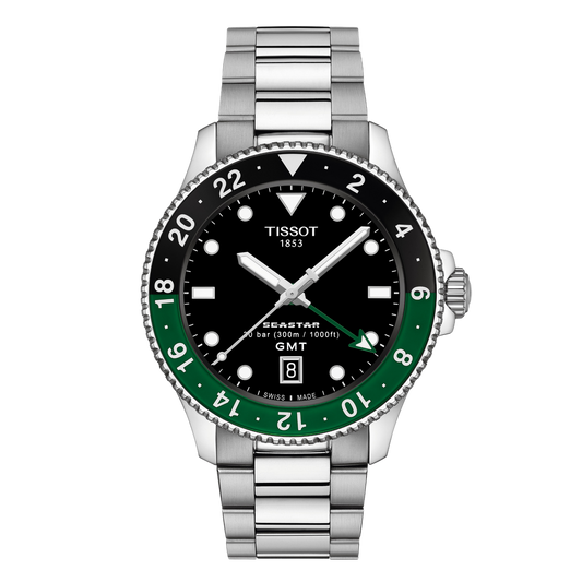 Tissot Seastar GMT Black Dial Watch featuring a bold black dial, black and green GMT bezel, and stainless steel bracelet designed for sporty travel-ready performance