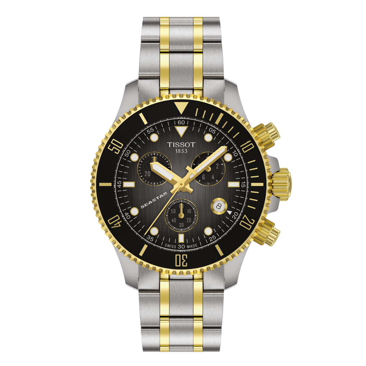 Tissot Seastar chronograph watch with a bold black dial, gold-tone detailing, and a two-tone stainless steel bracelet that delivers a striking dive-inspired sports aesthetic