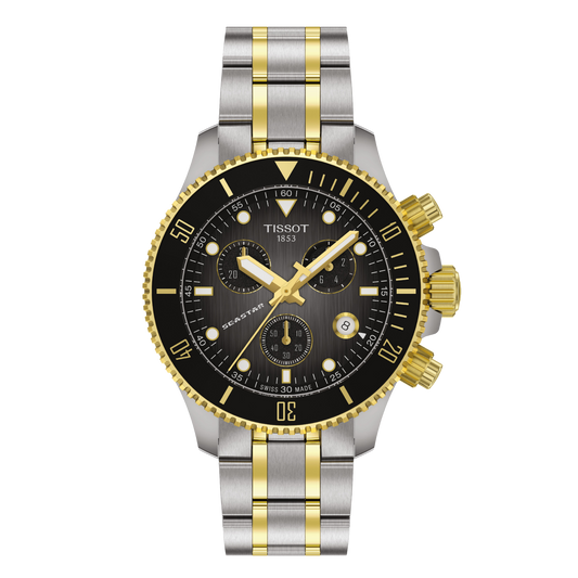 Tissot Seastar chronograph watch with a bold black dial, gold-tone detailing, and a two-tone stainless steel bracelet that delivers a striking dive-inspired sports aesthetic