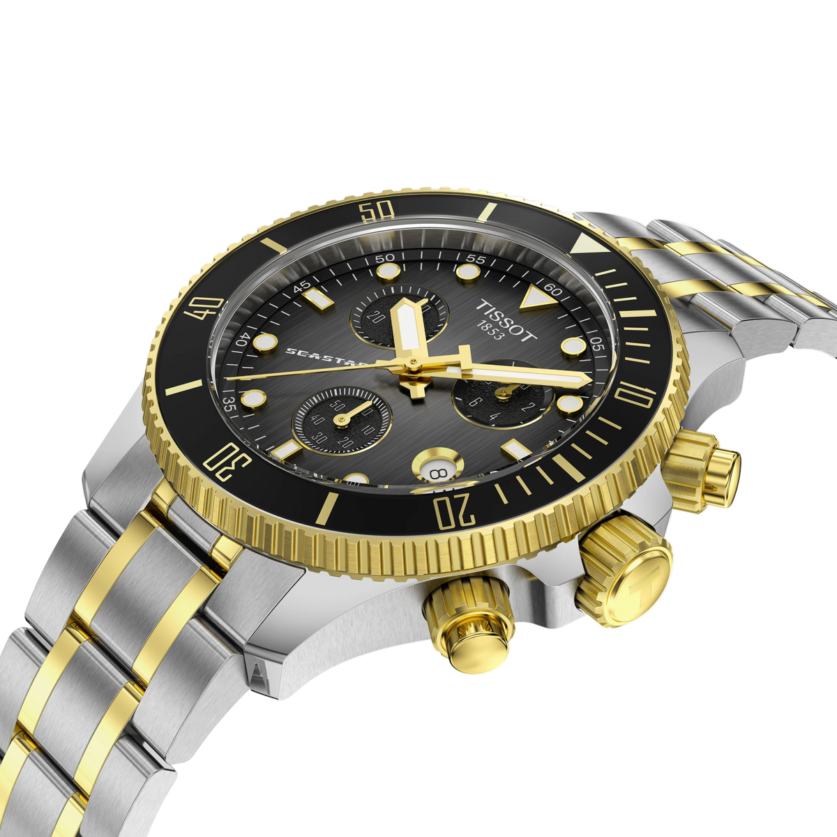 angled front-side image of the watch on the bracelet, revealing the depth of the black chronograph dial, gold-tone subdial detailing, luminous markers, and textured bezel design from a dynamic perspective