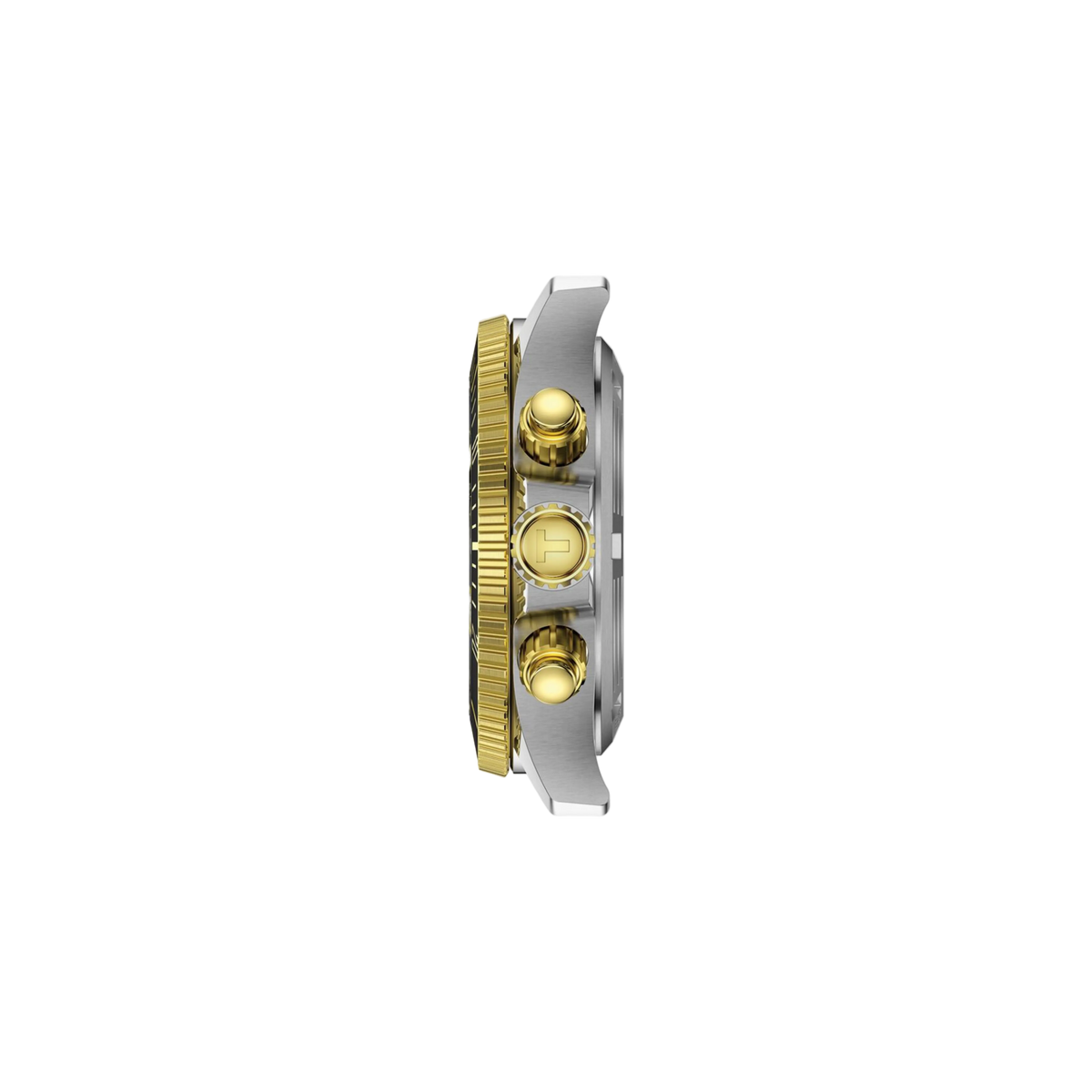 side profile of the case highlighting the unidirectional bezel edge, chronograph pushers, screw-down crown, and the mix of brushed and polished steel finishes