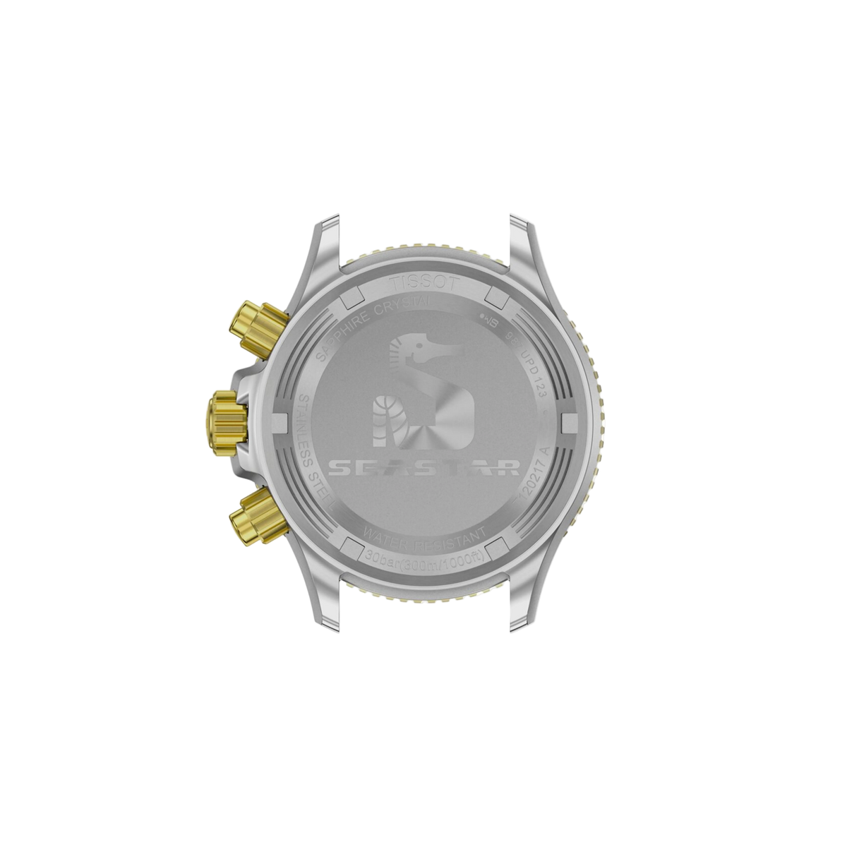 caseback image displaying the robust stainless steel construction and sporty engineering designed for dependable daily wear and aquatic performance